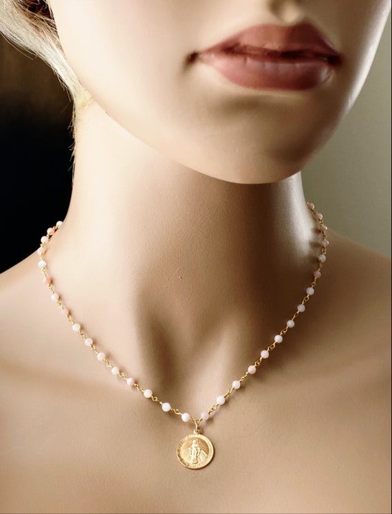 14k Gold Filled Mother Mary Necklace: Pink Opal Rosary Chain, Inspirational Necklace, #980