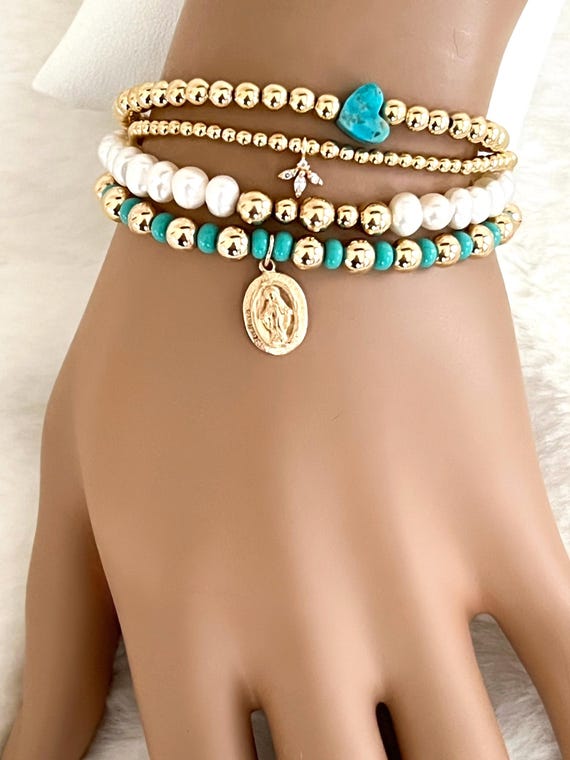 14k Gold Filled Beaded Bracelet Set: Turquoise Heart, Pearl & Zircon