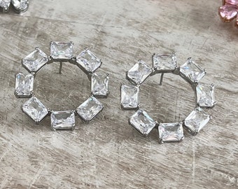 Large Baguette Austrian Crystal Ring Earrings, Round Flat Ring Design, Large Clear Crystals, Silver Post Earrings, Bejeweled Inspired, #1743