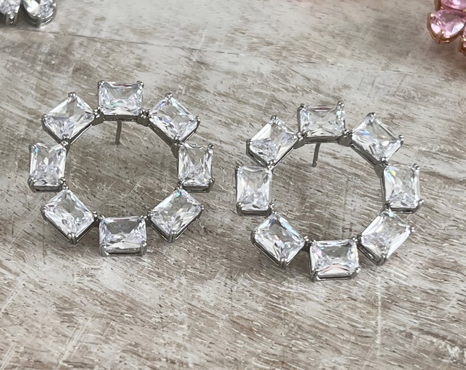 Large Baguette Austrian Crystal Ring Earrings, Round Flat Ring Design, Large Clear Crystals, Silver Post Earrings, Bejeweled Inspired, #1743