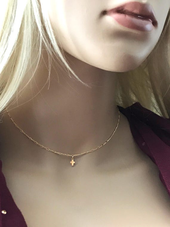 Dainty 14k Gold Filled Cross Choker: Diamond Cut Figaro Chain, Inspirational Necklace, Spiritual Gift #783