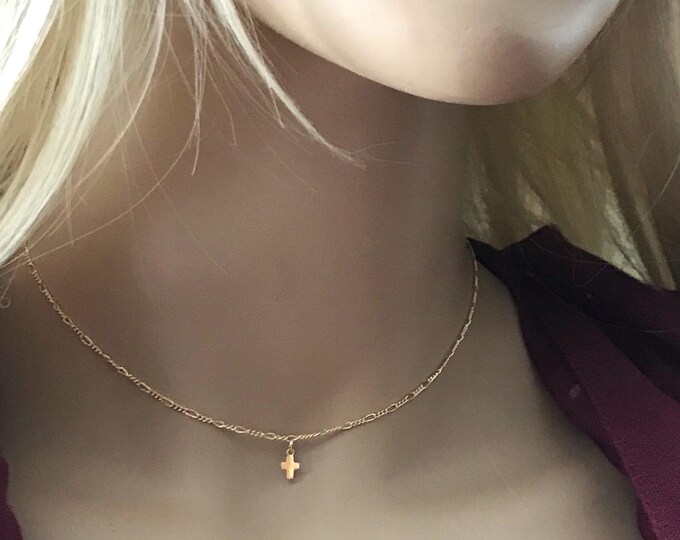 Teeny Tiny Gold Cross Choker, 14k Gold Filled Diamond Cut Figaro Chain Choker, Dainty Petite Inspirational Necklace, #783