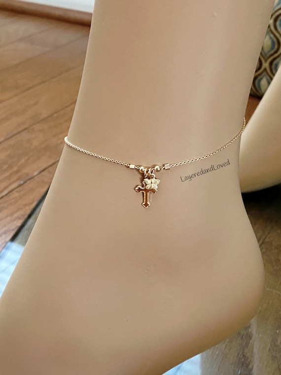 Gold Butterfly Cross Anklet: 14k Gold Filled Inspirational Jewelry, Butterflies from Heaven #1043/#1044/#1046