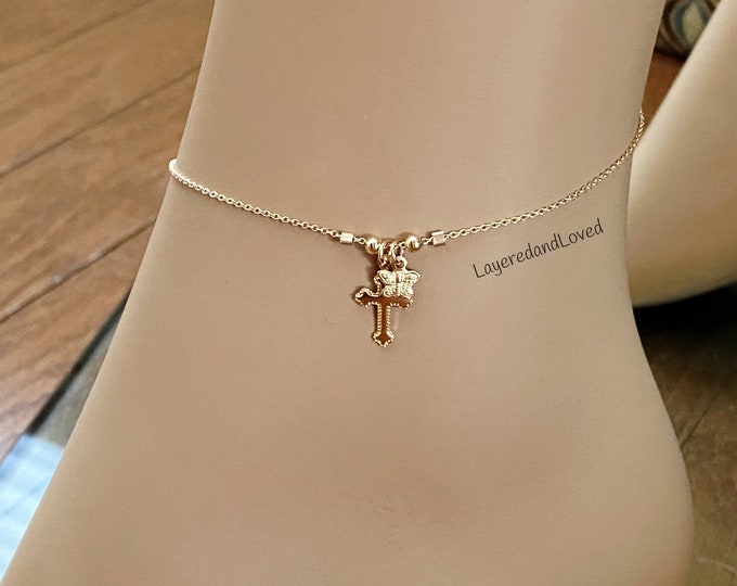 Butterflies from Heaven Gold Anklet, Bracelet, Necklace, All 14k Gold Fill Butterfly & Cross Jewelry, Inspirational Set, #1043, 1044, 1046