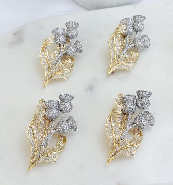Clearance - Queen Elizabeth Scottish Thistle Brooch: 18k Gold & Rhodium Plated Zircon #1746