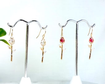 14k Gold Filled Rose Earrings: Zircon Crystal Flower Dangles, Rose Red or Clear, Sparkling Single Rose Chandeliers, #1860