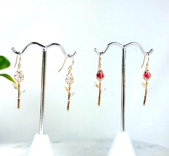 14k Gold Filled Rose Earrings: Zircon Crystal Flower Dangles, Rose Red or Clear, Sparkling Single Rose Chandeliers, #1860
