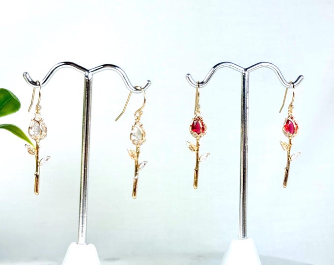 14k Gold Filled Rose Earrings: Zircon Crystal Flower Dangles, Rose Red or Clear, Sparkling Single Rose Chandeliers, #1860
