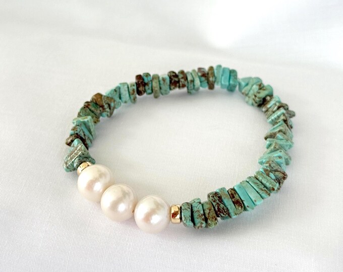 Edison Pearl & Turquoise Bracelet, 14k Gold Filled Rondelles, 9-10mm Edison Pearls, Triangle Turquoise Heishi Beads, June Birthstone, #1892
