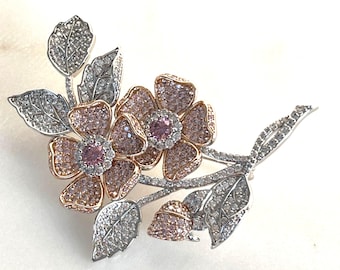 Double Rose Brooch, Queen Elizabeth Wild Rose Replica, Rhodium & Rose Gold High Quality Zircon Brooch, Floral Brooch, #1745