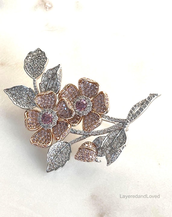 Double Rose Brooch, Queen Elizabeth Wild Rose Replica, Rhodium & Rose Gold High Quality Zircon Brooch, Floral Brooch, #1745