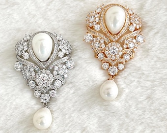 Royal Palace Zircon Pearl Brooch, Large Teardrop Shaped Brooch, Paved and Prong Zircons, Vintage Style, Silver or Gold, Large Pearls, #1737