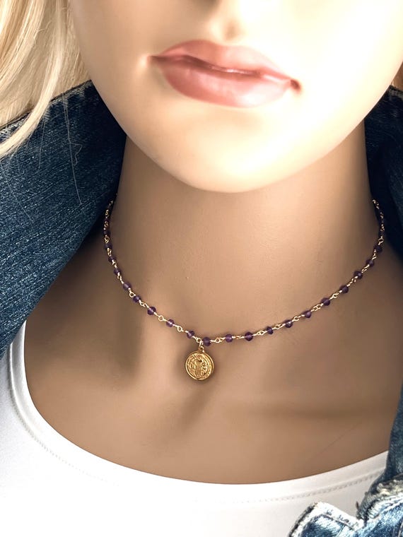 Gold Saint Benedict Rosary Necklace: Gemstone Chain, Spiritual Jewelry, #834