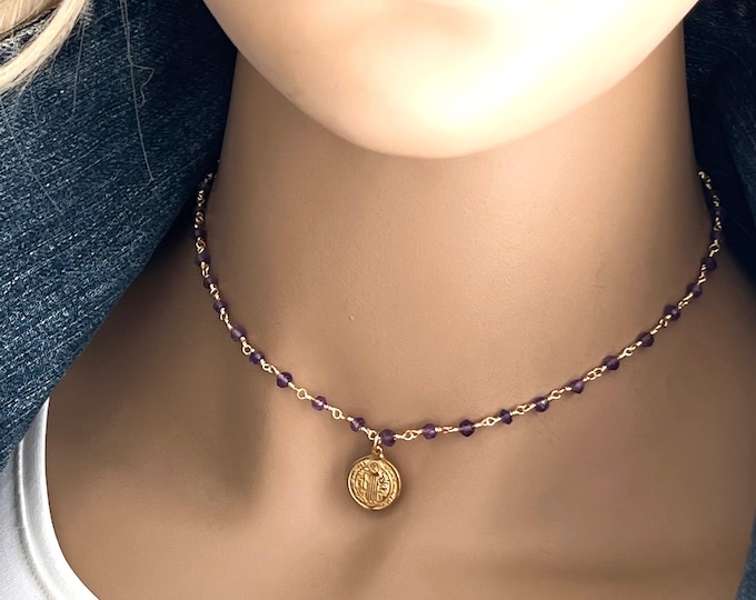 Saint Benedict Rosary Gemstone Necklace, NEW Gemstone Options, Layering Necklace, Spiritual Inspiration, #834