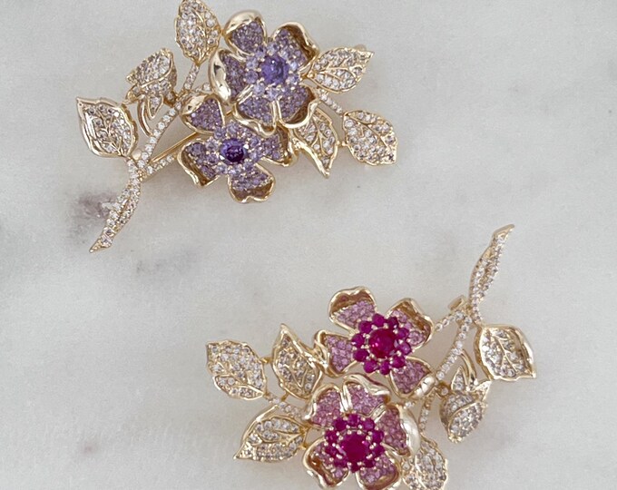 Double Floral Gold Zircon Brooch, Two Flowers & Bud Brooch in Rose Pink or Lavender, Elegant Royal Brooch with Micro Paved Zircons  #1761