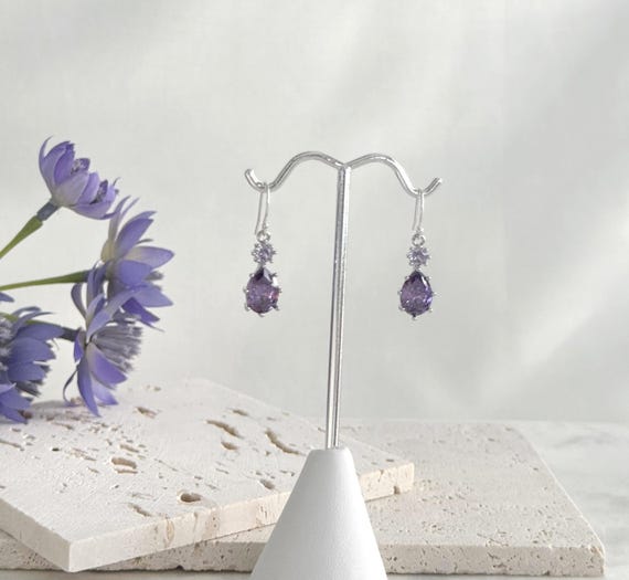 Violet Purple Teardrop Earrings: Sterling Silver, February Birthstone #1853