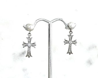 Regency Era Silver Cross Pearl Earrings, Easter Real Pearl Earrings, Zircon Cross Dangles, Religious Glamor, Mother's Day Jewelry, #1839