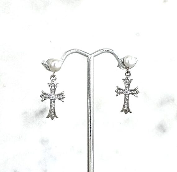 Silver Zircon Cross Dangle Earrings: Freshwater Pearl Religious Jewelry, #1839