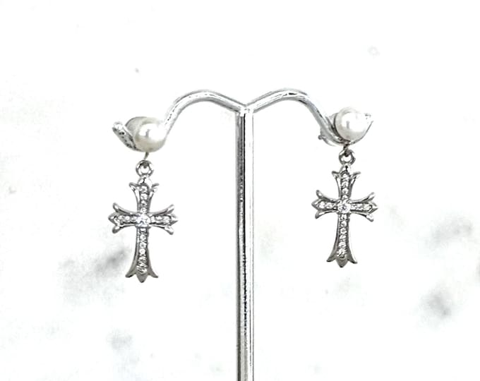 Regency Era Silver Cross Pearl Earrings, Easter Real Pearl Earrings, Zircon Cross Dangles, Religious Glamor, Mother's Day Jewelry, #1839