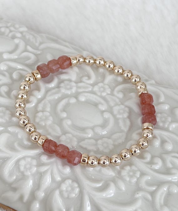 14k Gold Beaded Bracelet with Sunstone Gemstone Cube Beads, October Birthstone Friendship Bracelet, Stacking Stretch Bracelets, #1764