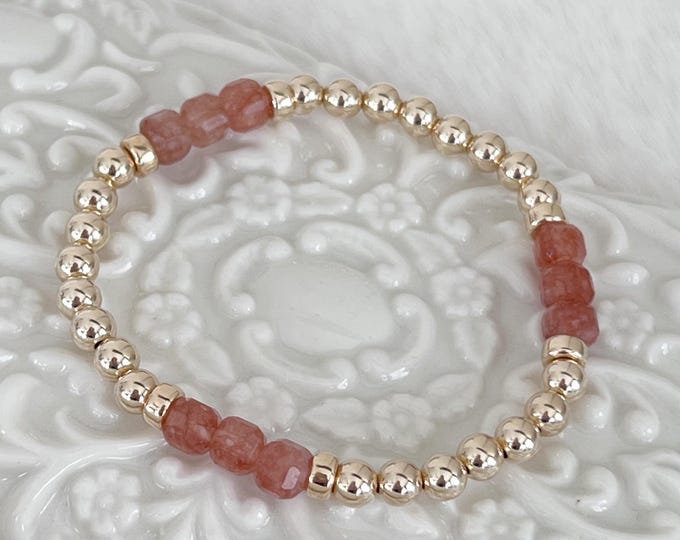14k Gold Beaded Bracelet with Sunstone Gemstone Cube Beads, October Birthstone Friendship Bracelet, Stacking Stretch Bracelets, #1764