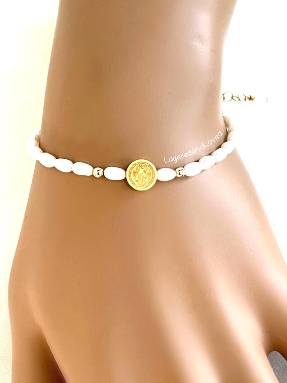 Dainty Tiny Pearl Saint Benedict Bracelet, 14k Gold Filled or Sterling Silver, Lux Tiny White Pearls, Adjustable Fit with Extension, #1621