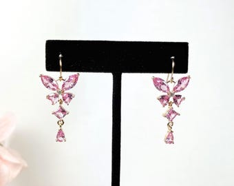 Long Pink Butterfly Earrings, 14k Gold Filled CZ Chandelier Earrings, Free Flowing Long Dangle Drop Butterflies, Mariah Style Jewelry #1861