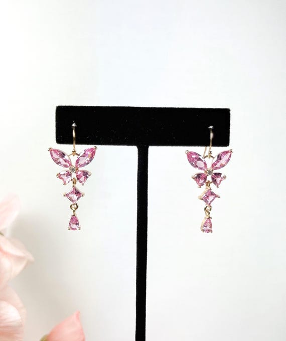 Long Pink Zircon Butterfly Earrings: 14k Gold Filled Chandelier Dangles, #1861