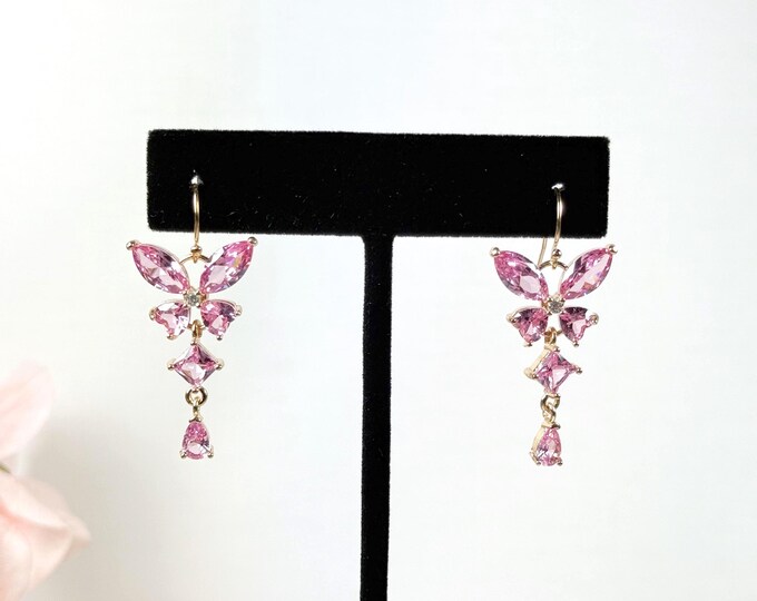 Long Pink Butterfly Earrings, 14k Gold Filled CZ Chandelier Earrings, Free Flowing Long Dangle Drop Butterflies, Mariah Style Jewelry #1861