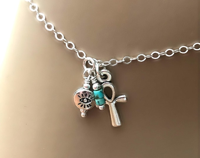 Sterling Silver Evil Eye Anklet, Ankh Cross, Heishi Turquoise, Dainty Ankle Jewelry, Protection Anklet, #610