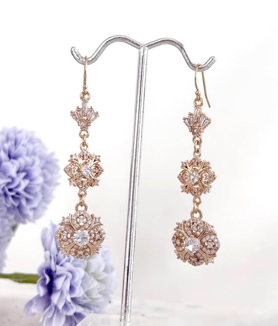Victorian Zircon Chandelier Earrings: 14k Gold Filled Long Drop Earrings, Regency Style #1844