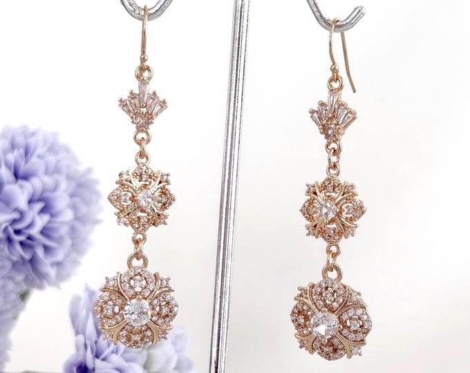 Long Elegant Victorian Style Zircon Earrings, Regency Era 14k Gold Filled Chandeliers, Fancy Long Drop Earrings, Sparkling Medieval #1844