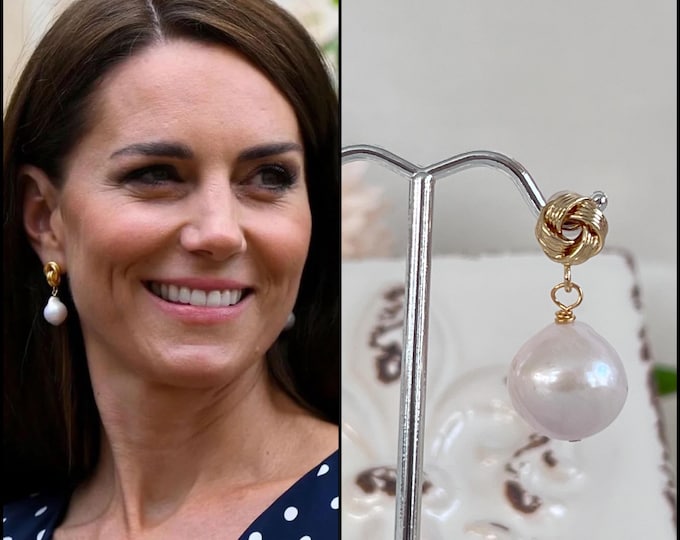 Kate Inspired Baroque Pearl Earrings, Gold Knot Posts W/Sterling Silver Pins, Genuine Pearls, Royal Replicas, Princess Earrings #1652