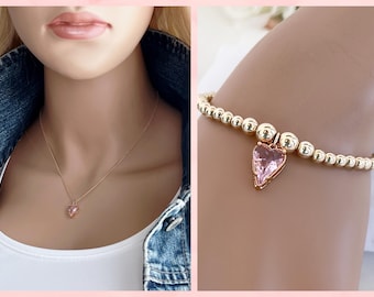 14k Gold Beaded Bracelet with a Pink Crystal heart, Stretch Bracelet, 14k Gold Filled Beads, Crystal Heart, Bracelet/Necklace Set, #1775-76