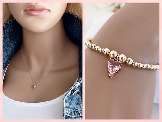 14k Gold Beaded Bracelet with a Pink Crystal heart, Stretch Bracelet, 14k Gold Filled Beads, Crystal Heart, Bracelet/Necklace Set, #1775-76