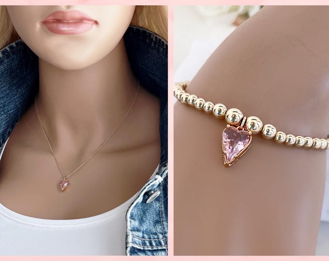 14k Gold Beaded Bracelet with a Pink Crystal heart, Stretch Bracelet, 14k Gold Filled Beads, Crystal Heart, Bracelet/Necklace Set, #1775-76