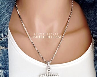 Silver Iced Out Zircon Cross Necklace, Silver Rope Chain 20", Chunky Faith Jewelry, From the Vault Limited Quantities, #2017