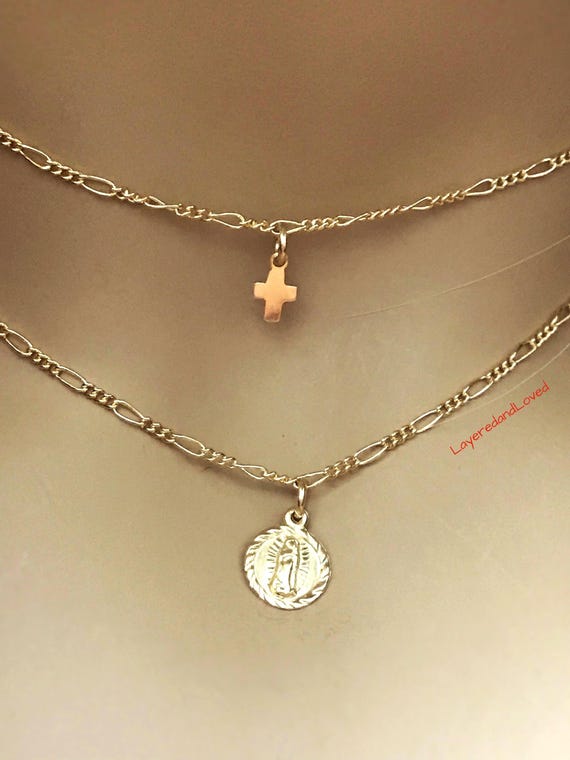 Dainty 14k Gold Filled Guadalupe Choker: Gold Figaro Chain Necklace, Inspirational Jewelry, #495