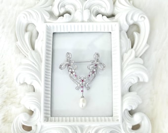 Dainty Silver Zircon Ribbon Brooch, Dangling Drop Pearl, Floral Brooch with Pink Centers, Twinkling Vintage Style Brooch, #1928