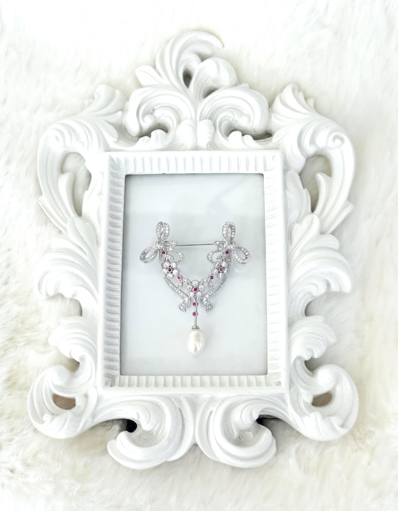 Dainty Silver Zircon Ribbon Brooch, Dangling Drop Pearl, Floral Brooch with Pink Centers, Twinkling Vintage Style Brooch, #1928