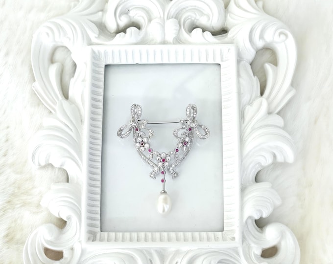 Dainty Silver Zircon Ribbon Brooch, Dangling Drop Pearl, Floral Brooch with Pink Centers, Twinkling Vintage Style Brooch, #1928