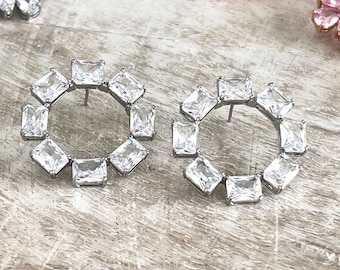 Large Baguette Austrian Crystal Ring Earrings, Round Flat Ring Design, Large Clear Crystals, Silver Post Earrings, Bejeweled Inspired, #1743