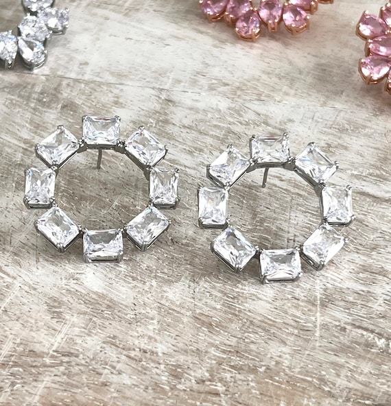 Large Baguette Austrian Crystal Ring Earrings, Round Flat Ring Design, Large Clear Crystals, Silver Post Earrings, Bejeweled Inspired, #1743