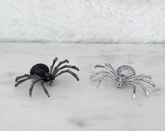 Black Widow Spider Brooch, Halloween Brooch, Black Zircon Body, Ruby Red Eyes, Silver Teeth, Scary Spider Brooch, #1759
