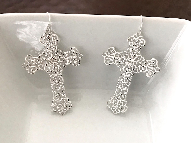 Filigree Cross Earrings: 14k Gold Filled, Sterling Silver Earwires or Leverbacks, Lightweight 2" Crosses, #753/#943/#1588 image 2