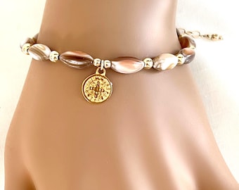 14k Gold Filled Mother of Pearl Beaded Bracelet, Saint Benedict Charm Bracelet,  Dainty Beach Jewelry, Adjustable Fit with Extension, #1622