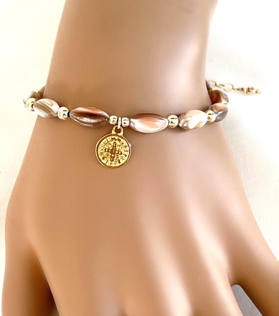 14k Gold Filled Mother of Pearl Beaded Bracelet, Saint Benedict Charm Bracelet,  Dainty Beach Jewelry, Adjustable Fit with Extension, #1622