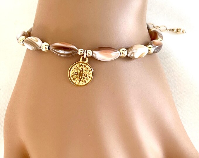 14k Gold Filled Mother of Pearl Beaded Bracelet, Saint Benedict Charm Bracelet,  Dainty Beach Jewelry, Adjustable Fit with Extension, #1622