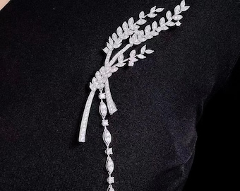 Elegant Zircon Wheat Brooch with Dangle Chain, Long 3 Stem Design, Vintage Inspired Sparkle Brooch, #1810