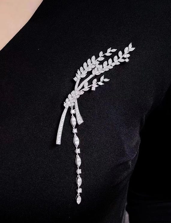 Elegant Zircon Wheat Brooch with Dangle Chain, Long 3 Stem Design, Vintage Inspired Sparkle Brooch, #1810